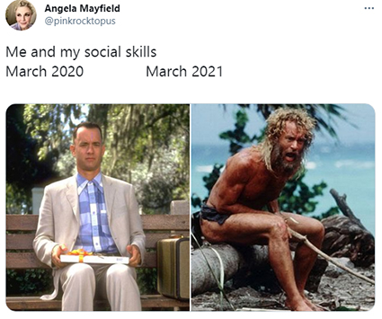 Том Хэнкс. "Я и мои социальные навыки в марте 2020-го и марте 2021-го".