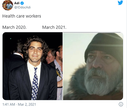 Джордж Клуни. "Медицинские работники в марте 2020-го и марте 2021-го".